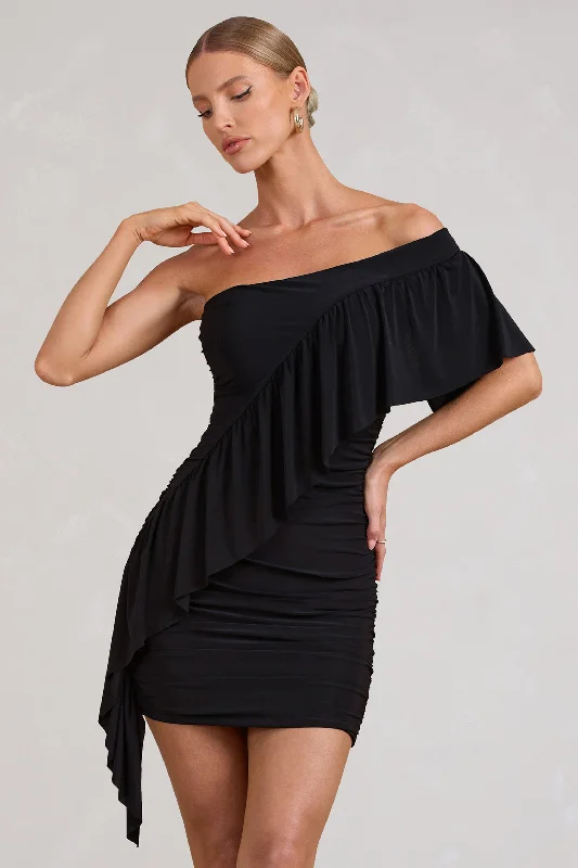 Parfait | Black Asymmetric Ruched Mini Dress With Statement Ruffles Elegant Satin Mini Dress