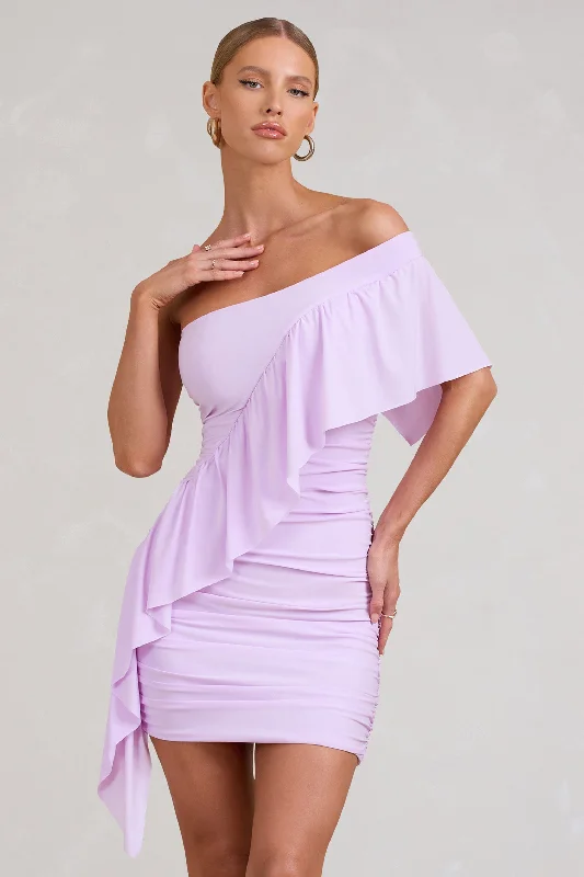 Parfait | Lilac Asymmetric Ruched Mini Dress With Statement Ruffles Fashionable Boho-Chic Mini Dress