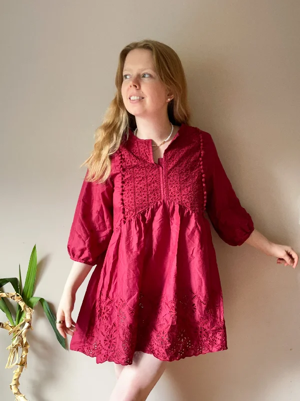 Red Boho Eyelet Cotton Puff Sleeve Mini Dress - Small Comfortable Polka Dot Mini Dress