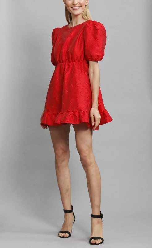 Red jacquard mini dress with open heart back Stylish Sweetheart Neck Mini Dress