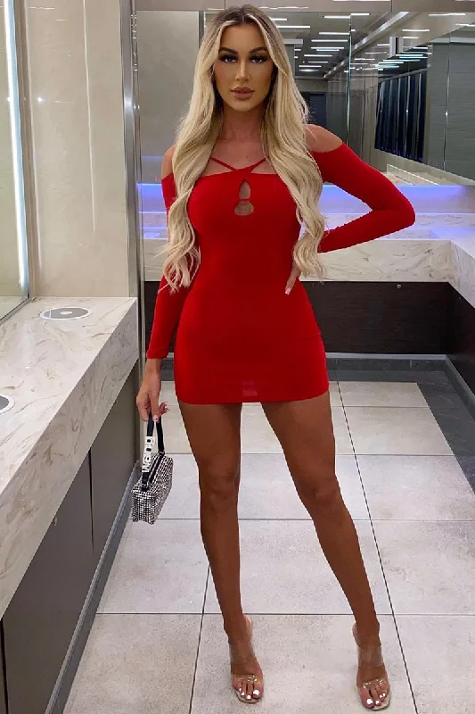 Red Cut Out Shoulders Slinky Mini Dress - Selena Elegant Velvet Mini Dress