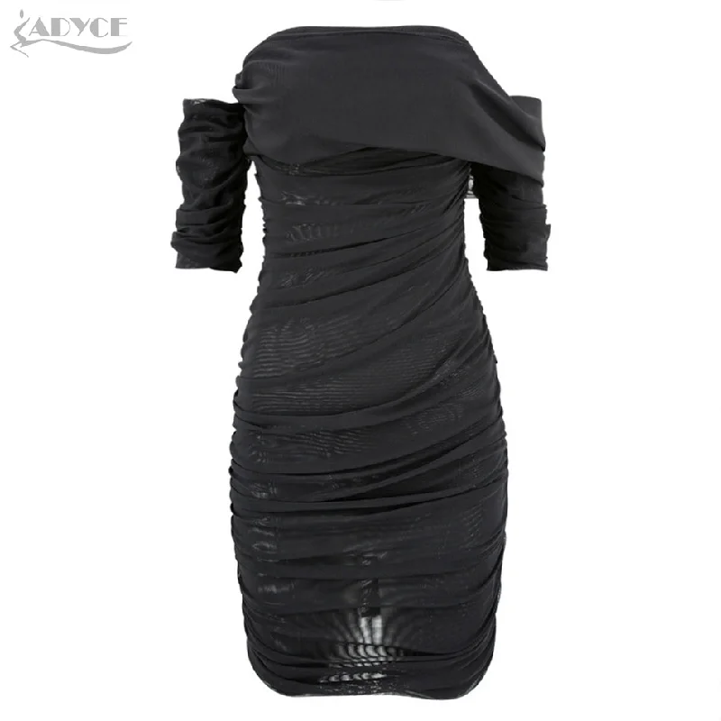 Sexy Short Sleeve Black Strapless Draped Mini Dress Cozy Ruched Mini Dress