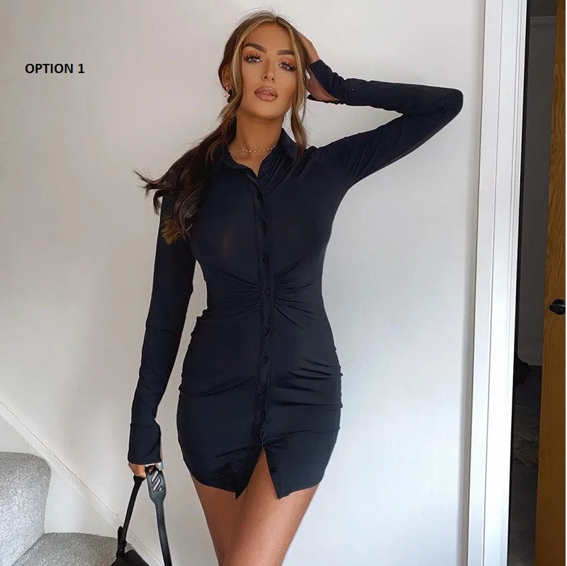 Solid Button Up Long Sleeve Shirt Casual Sexy Mini Dresses CODE: KAR1032 Casual Button-Up Mini Dress