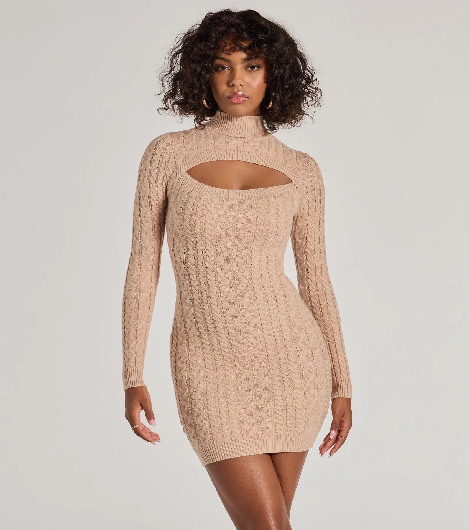 Textured Glam Cable Knit Cutout Mini Dress Cozy Ribbed Mini Dress