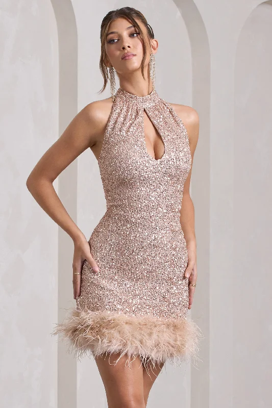 Tillie | Champagne Sequin High Neck Trapeze Mini Dress With Feather Hem Detail Elegant Mini Dress with Ruffles