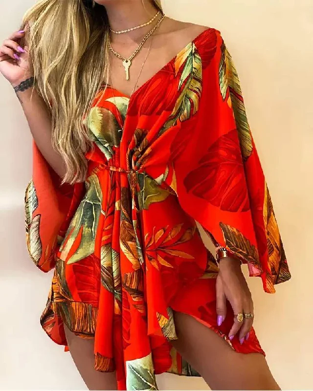 TROPICAL PRINT ASYMMETRICAL TIE FRONT MINI DRESS Cozy Cowl Neck Mini Dress