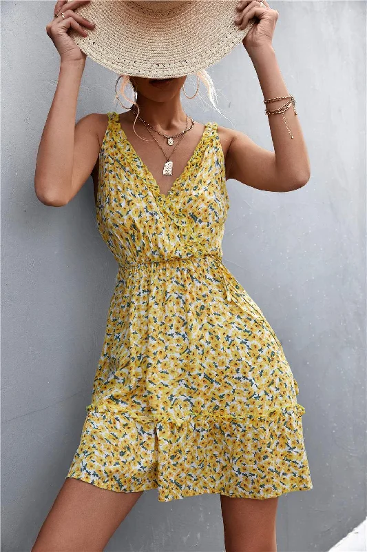 Women Summer  Sundress Floral Print Short Mini Dress Sleeveless Trendy Denim Mini Dress