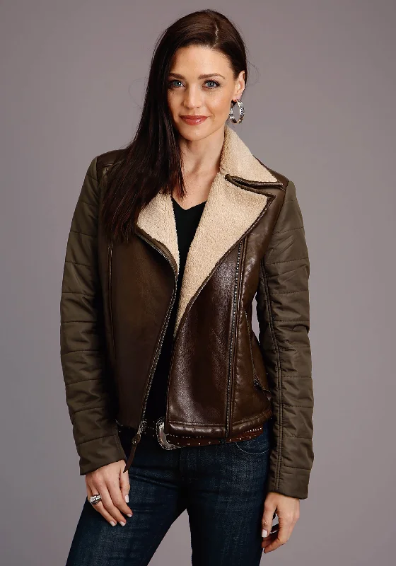 Women's Stetson Brown Leather & Quilted Polyester Western Jacket Belted Jacket Elasticated Jacket Padded Jacket