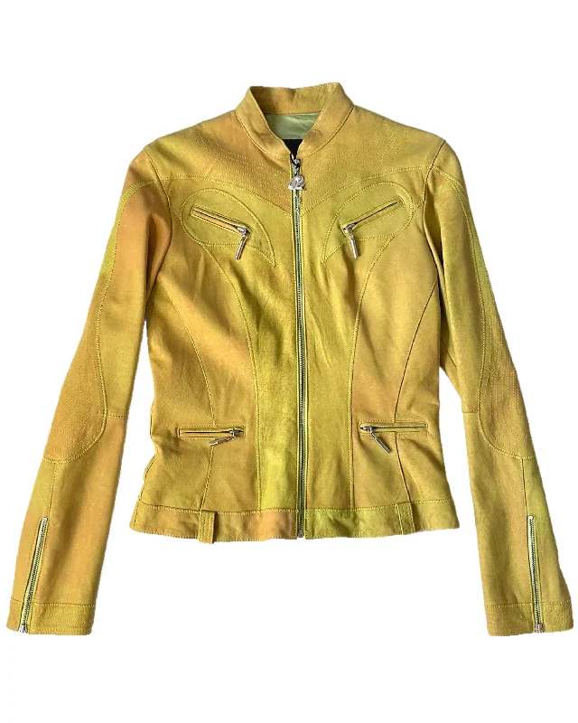 2000s Just Cavalli Chartreuse Leather Biker Jacket, Snake Zipper, Medium Mesh Jacket Canvas Jacket Denim Jacket