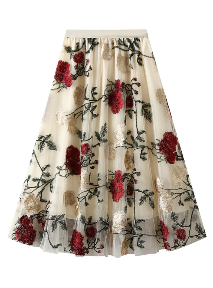 RETRO HIGH WAIST EMBROIDERED LARGE FLOWER GAUZE SKIRT wool skirt warm