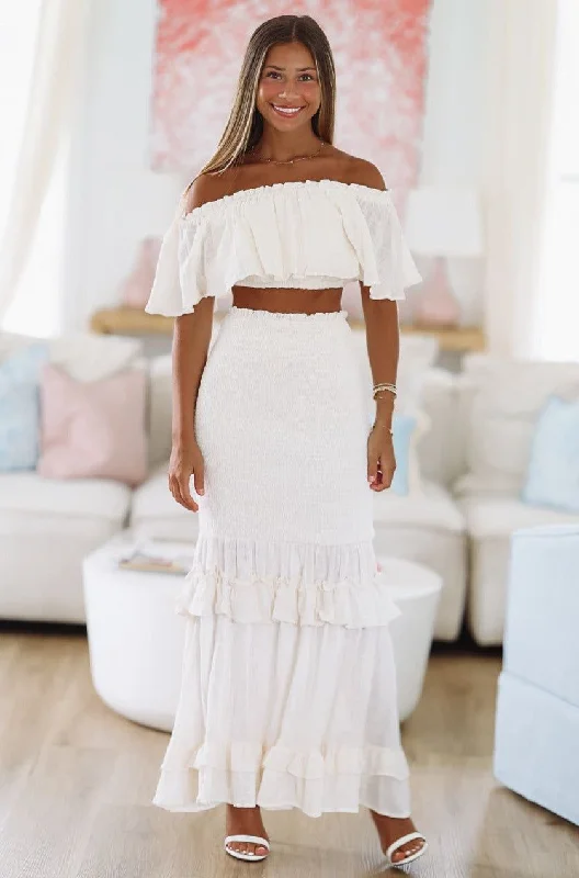 All Day Long Crop Top and Maxi Skirt Set - Cream elastic waist skirt