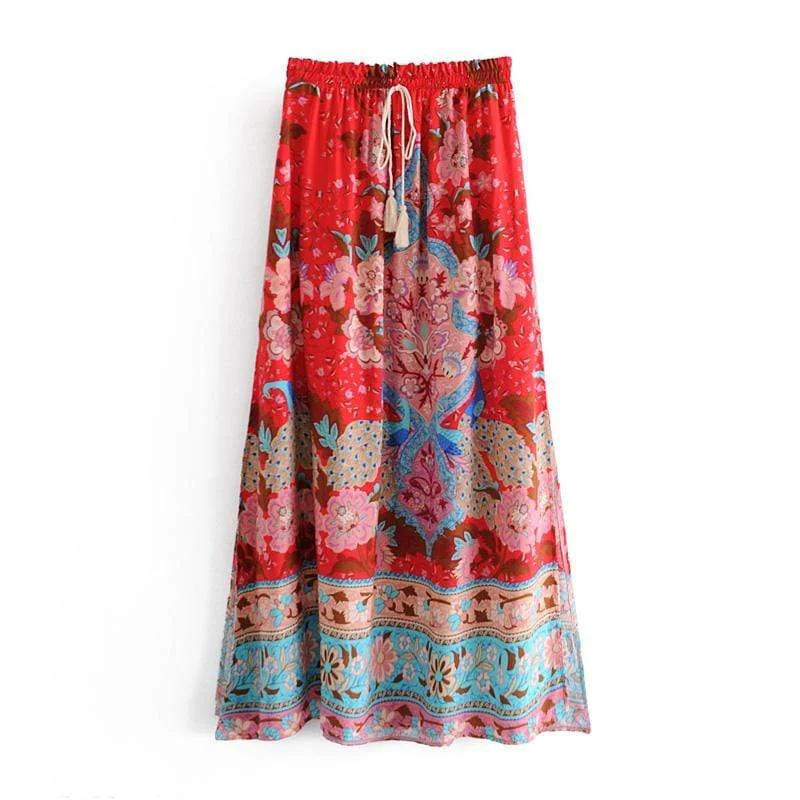 Allegra Red Floral Peacock Maxi Skirt leather skirt modern