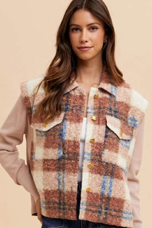 Annie Wear Faux Fur Plaid Button Up Jacket In Brown A-Line Jacket Boat Neck Shawl Collar