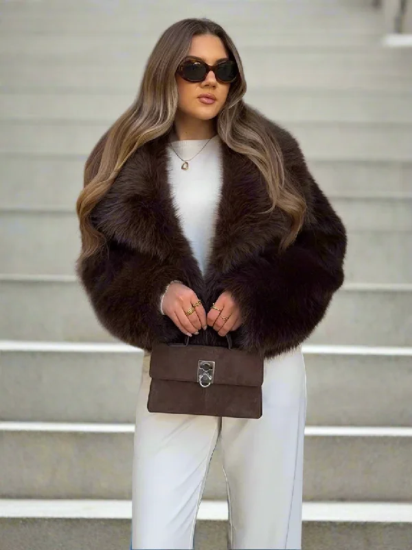 Brown and burgundy Lapel Faux Fur Short Coat Women Fluffy Long Sleeve Warm Thick Loose Jacket Zippered Jacket Buttoned Jacket Snapped Jacket