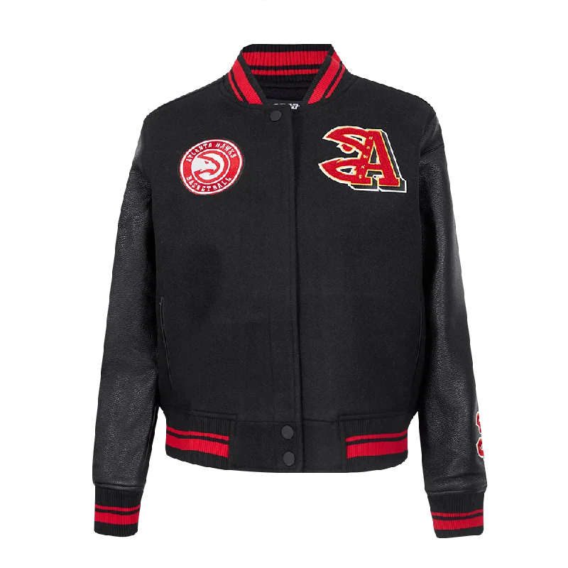 NBA ATLANTA HAWKS MASHUP WOMEN'S RIB WOOL VARSITY JACKET (BLACK/RED/BLACK) Cotton Fabric Linen Fabric Terry Fabric