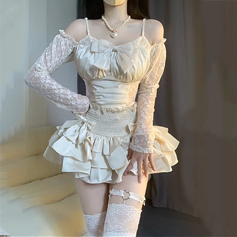 Ballet style suspender top + lace skirt PL53347 linen skirt natural