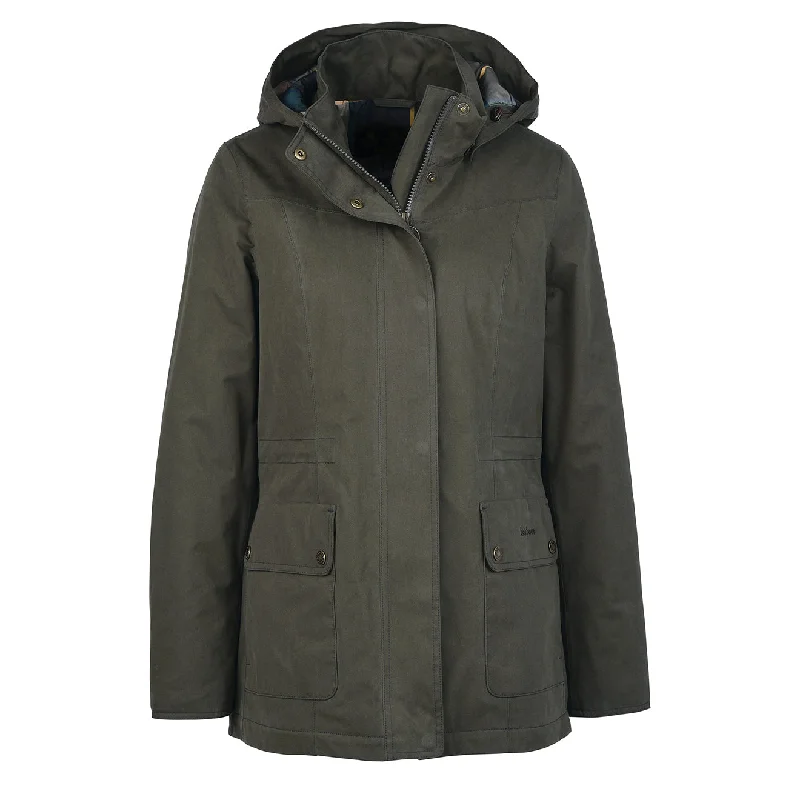 Barbour Womens Buttercup Waterproof Jacket Olive / Classic Welt Pockets Slit Pockets Flap Pockets