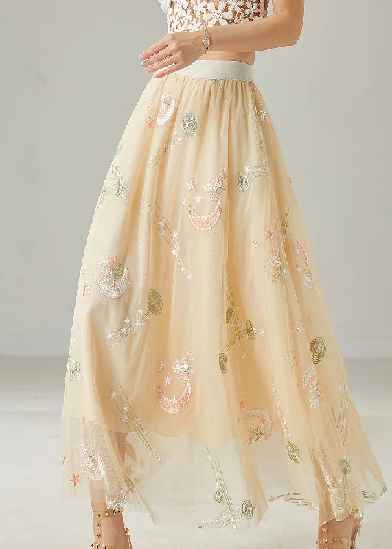 Beautiful Apricot Original Design Embroidered Tulle Skirt Summer wool skirt sturdy