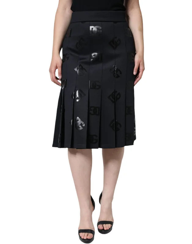 Dolce & Gabbana Black DG Monogram Pleated Midi Skirt leather skirt sleek