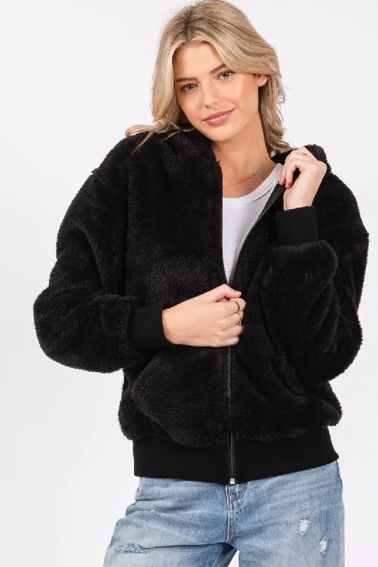 BLACK FAUX TERRY FUR KANGAROO POCKET RELAX BOMBER HOODIE JACKET SO3462T Rayon Jacket Velvet Jacket Corduroy Jacket