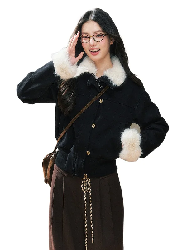 Black Fitted Shearling Jacket A-Line Jacket Boat Neck Shawl Collar