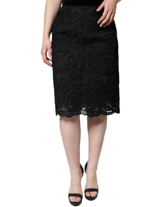 Dolce & Gabbana Black Floral Lace High Waist Pencil Cut Skirt silk skirt lustrous