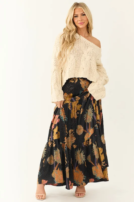 Black Floral Print Satin Tiered Maxi Skirt linen skirt light