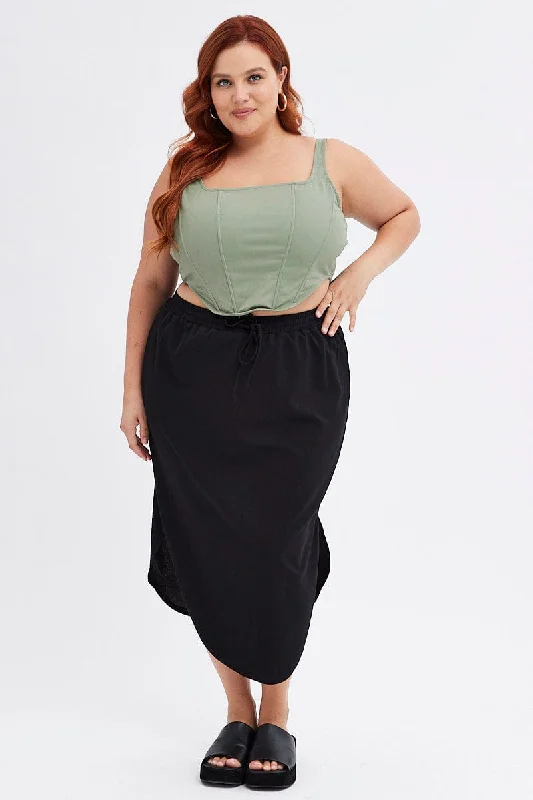 Black Maxi Skirt Elastic Waist Curve Hem pleated skirt texture