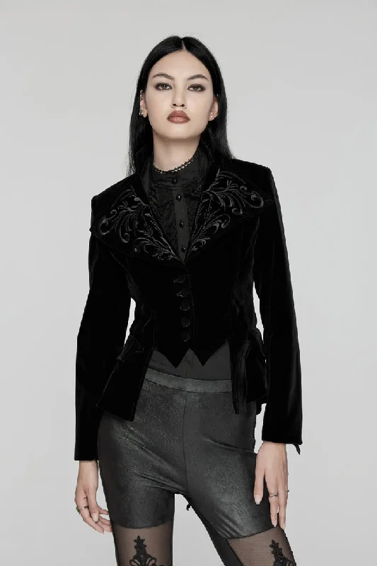 Black Swallow-tailed Velvet Long Sleeves Women's Gothic Jacket Wool Fabric Cashmere Fabric Tweed Fabric