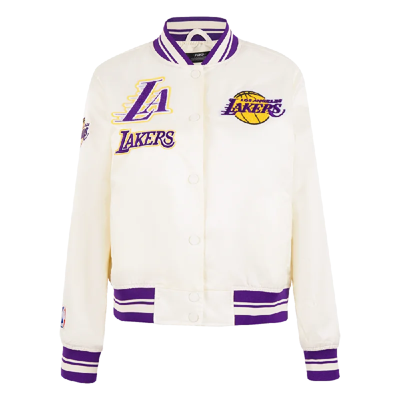 NBA LOS ANGELES LAKERS RETRO CLASSIC WOMEN'S RIB SATIN JACKET (EGGSHELL/ PURPLE) Plaid Jacket Tartan Jacket Houndstooth Jacket