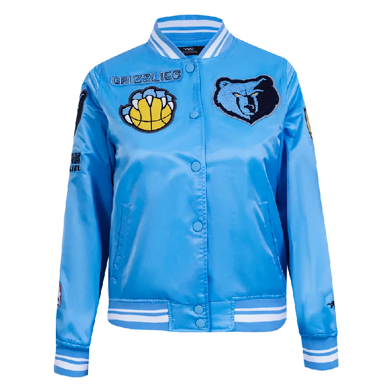 NBA MEMPHIS GRIZZLIES RETRO CLASSIC WOMEN'S RIB SATIN JACKET (UNIVERSITY BLUE) Front Pockets Side Pockets Patch Pockets