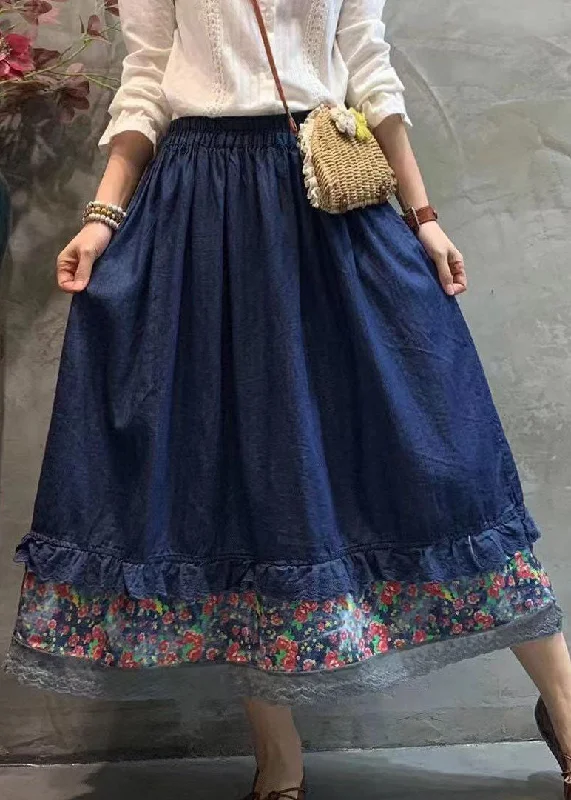 Bohemian dark Blue elastic waist lace Patchwork Skirt Spring denim skirt durable