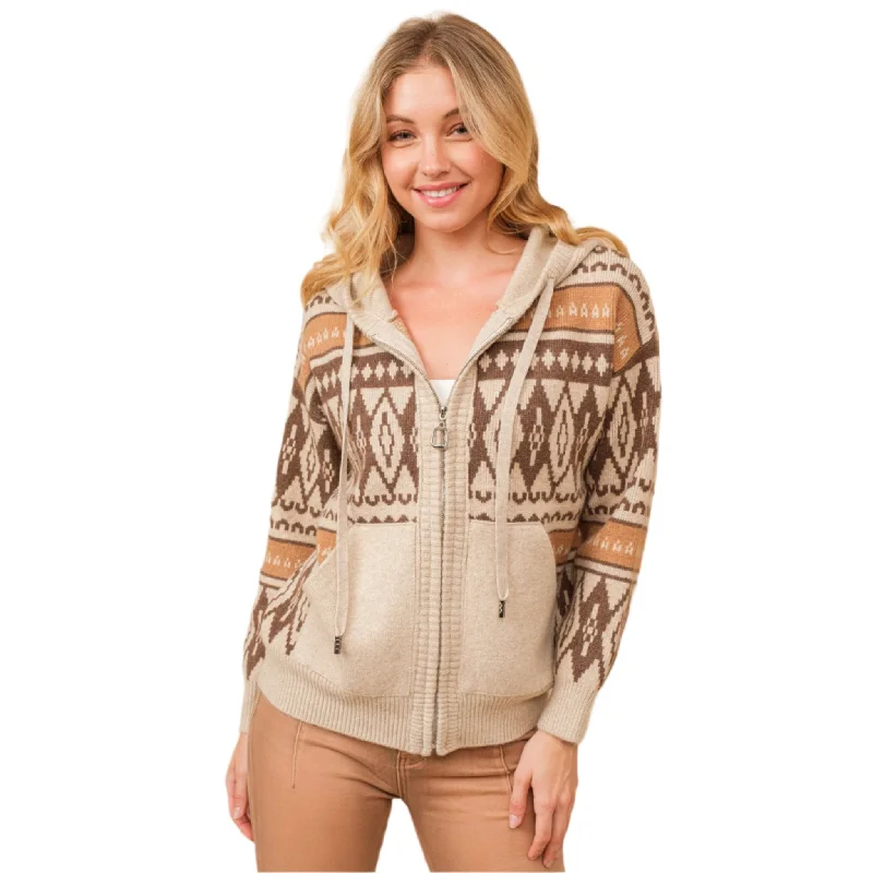 Blue B Women's Brown Aztec Zip Up Hooded Sweater Jacket Fleece Fabric Down Fabric Feather Fabric