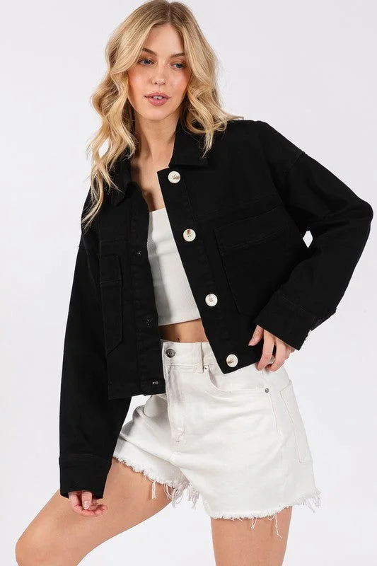 bytos Button Down Cropped Denim Jacket with Patch Pockets Jacket Blazer Coat