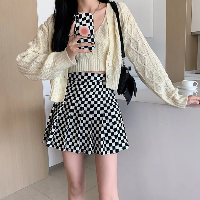 Checkered Print Pleated Skirt linen skirt breathable