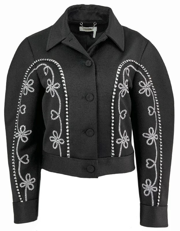 Chloé Embroidered Jacket in Black Denim Fabric Leather Fabric Suede Fabric