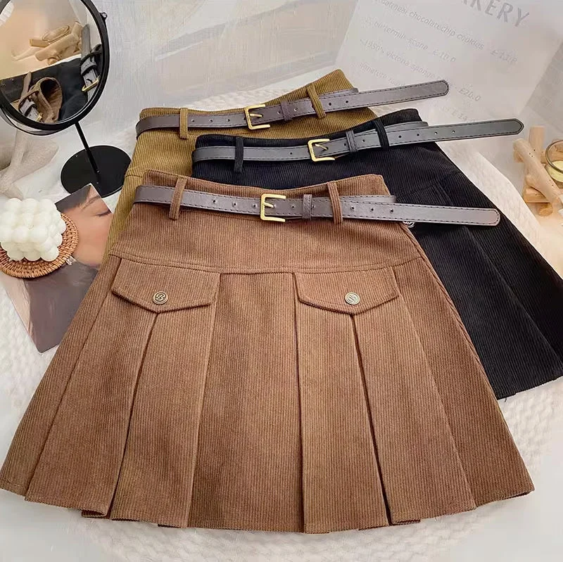 Corduroy Belted Pleat Skirt (3 Colors) silk skirt smooth