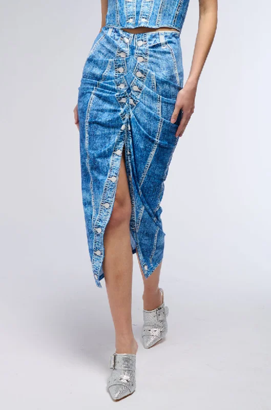 DAY DREAMING DENIM PRINTED MIDI SKIRT summer skirt style