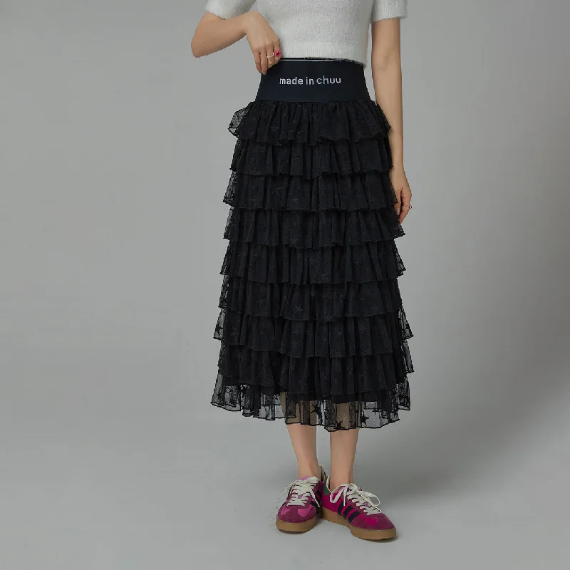 Stars Chiffon Frill Maxi Skirt leather skirt modern