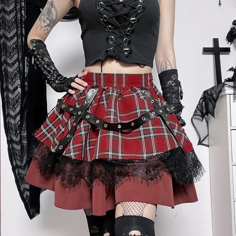 Gothic Harajuku Girls Plaid Pleated Sweet Lace Kawaii Y2k Costume Skirt mini skirt trendy