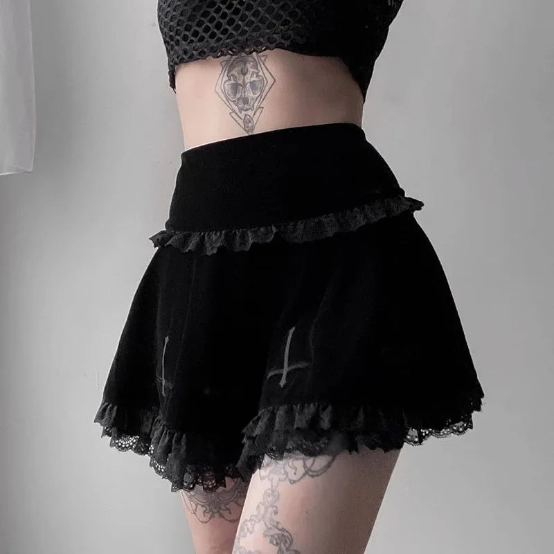 Sexy Fashion Summer Embroidery Black Gothic Casual Stylish Lace Trim Skirt leather skirt bold