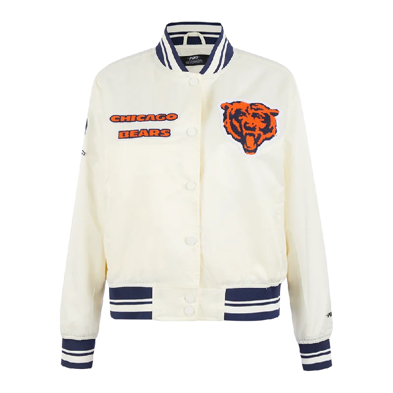 NFL CHICAGO BEARS RETRO CLASSIC WOMEN'S RIB SATIN JACKET (EGGSHELL/ MIDNIGHT NAVY) Knit Fabric Woven Fabric Fleece Fabric