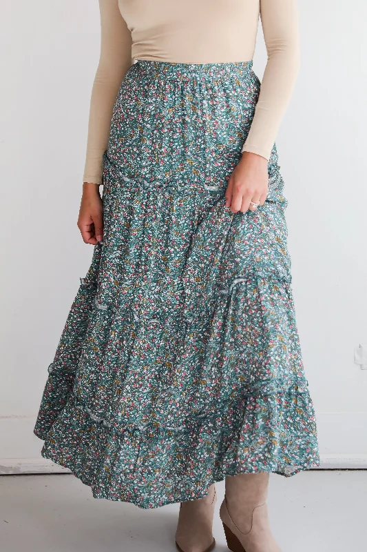 FINAL SALE - Feeling So Sweet Teal Floral Tiered Maxi Skirt chiffon skirt flowing