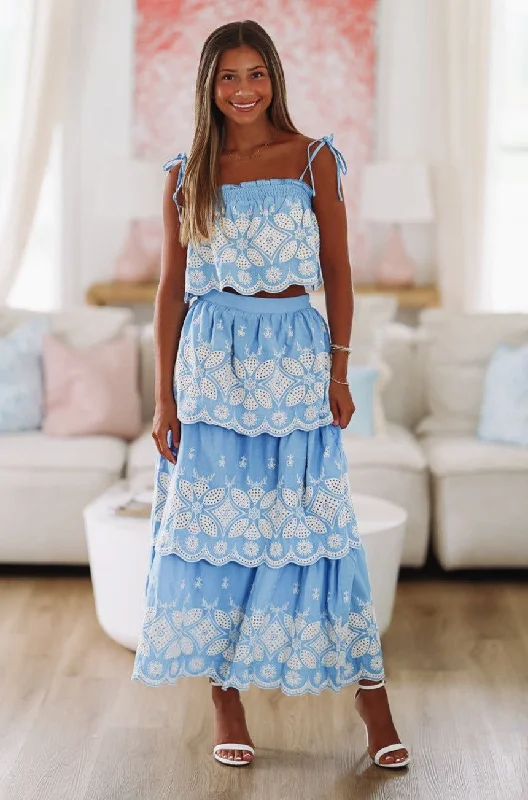 Festival in the Sand Crop Top and Skirt Set - Blue and White tiered skirt playful