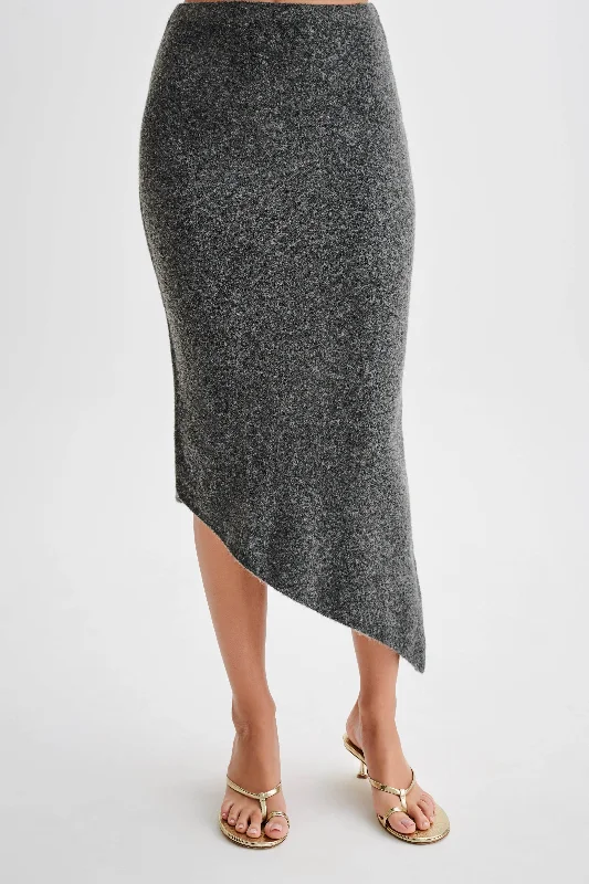 Genevieve Asymmetrical Knit Midi Skirt - Charcoal Marle a-line skirt cut