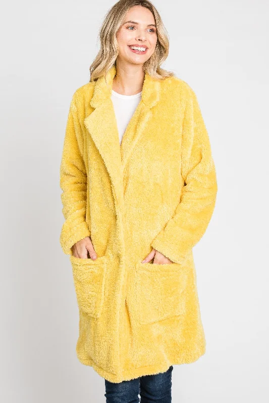 GOLDEN YELLOW SOFT FAUX FUR NOTCHED COLLAR COAT JACKET SO3465TM Fleece Jacket Down Jacket Feather Jacket