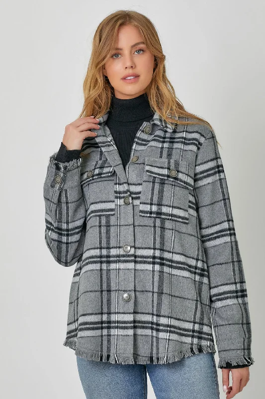 Grey Fringe Detailed Plaid Jacket Zippered Front Buttoned Front Snap Front