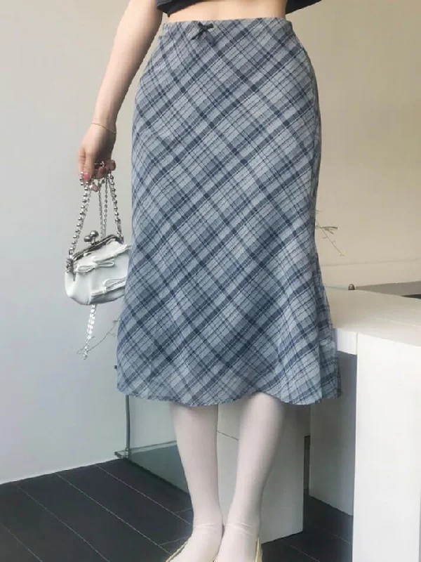 High Waist Bow Accent Plaid Mesh Midi Skirt silk skirt sleek