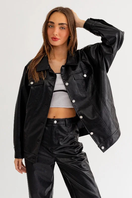 Oversized Vegan Leather Button-Up Jacket Satin Jacket Silk Jacket Chiffon Jacket