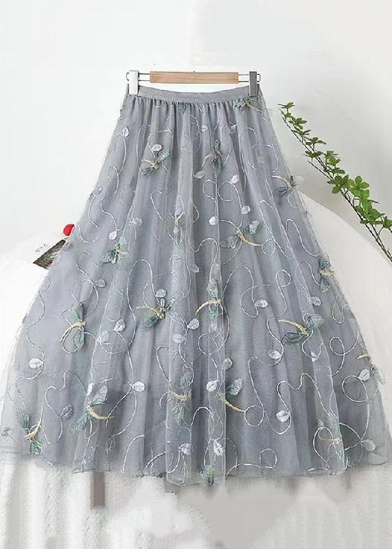 Italian Grey Embroidered High Waist Tulle Skirts Spring lace skirt romantic